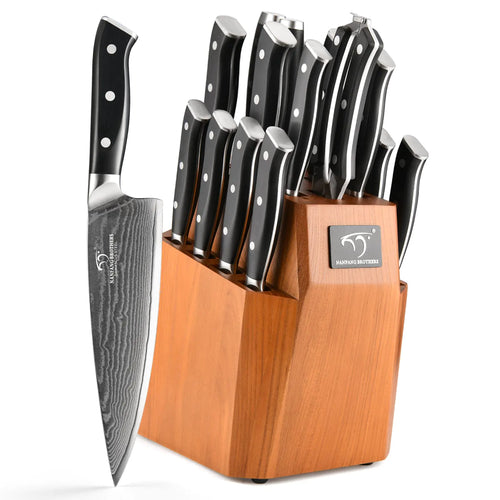 18-Piece Damascus Steel Kitchen Knife Set with Block - Professional Chef Knives with Ergonomic Handles