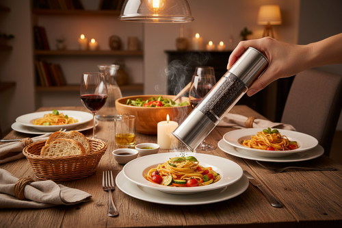 2-in-1 pepper and salt grinder in realistic dining scene
