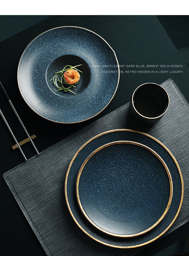 Ceramic Gilt Rim Steak Plate and Bowl Tableware Set