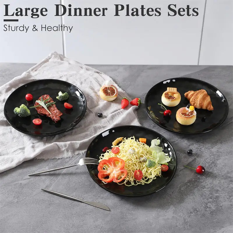 11 Inch Ceramic Plate Black Noble  Elegant Hammered  6-piece Set  For  Parties Family Dinners