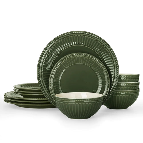 12-Piece Garden Plates & Bowls Set - Dark Green
