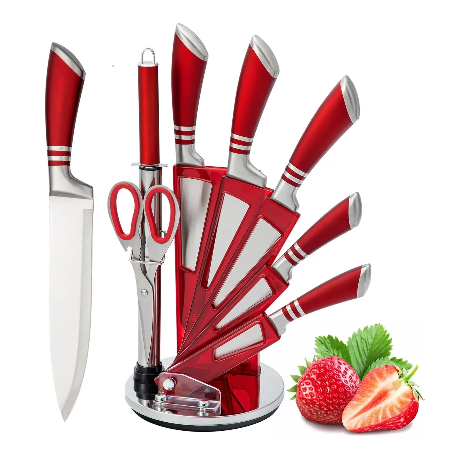 Kitchen Knife Set 9-Piece Red Knife Set with Acrylic Block Non Stick Sharp High Carbon Stainless Steel Chef Knife Set with Sharpener for Kitchen Cutting Kitchen Gifts for Women