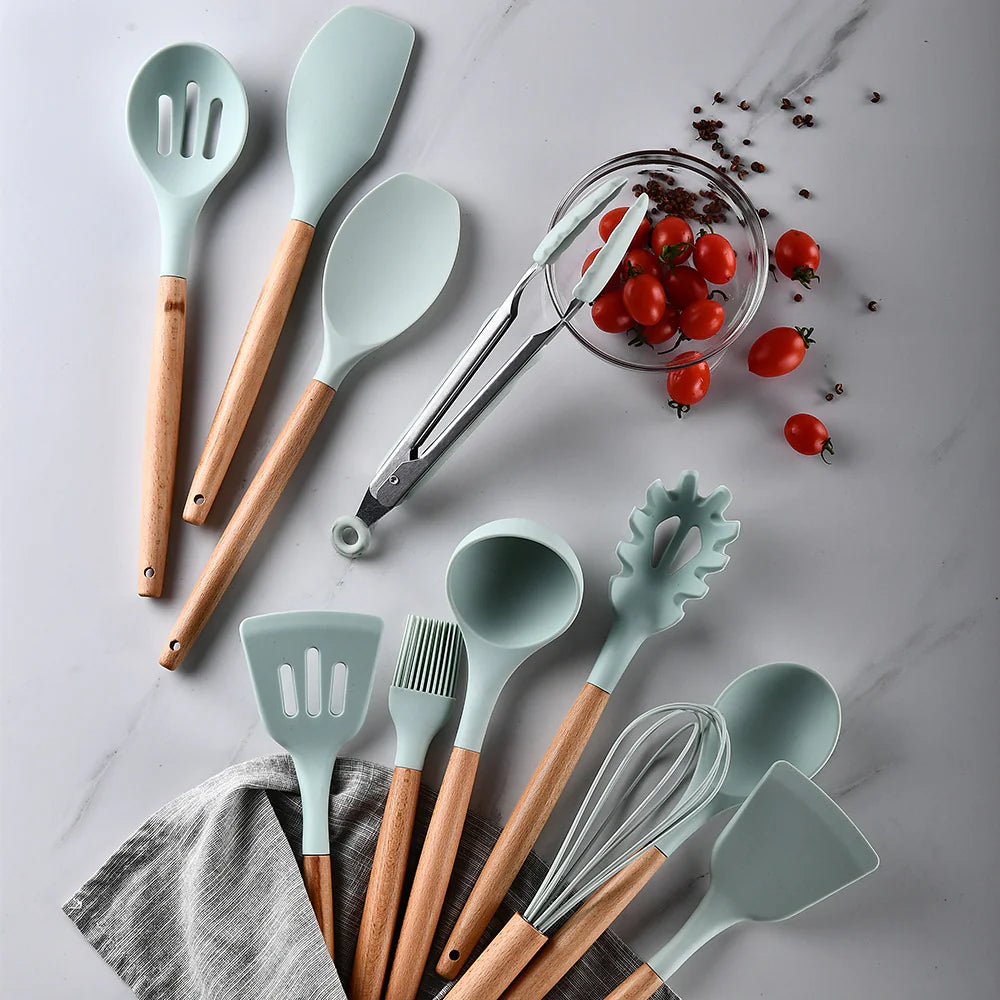9-Piece Silicone Kitchen Utensil Set with Wooden Handles & Holder