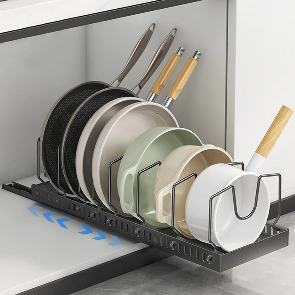 Expandable Under Cabinet Pots and Pans Organizer - Pull-Out Sliding Rack with 10 Adjustable Dividers for Kitchen Storage