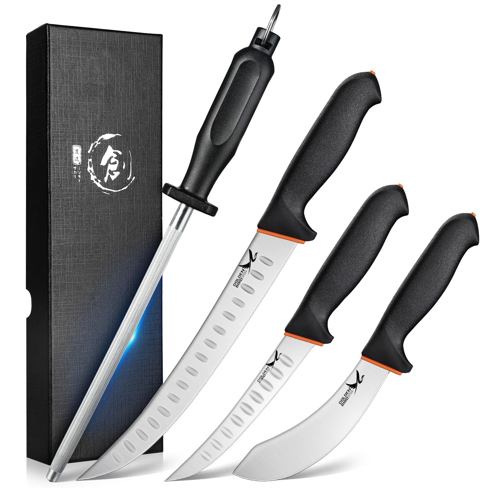 Golden Bird Butcher Knife Set - 4 Piece Professional BBQ Knife Set Include 6" Boning Knife 6" Skinning Knife 10" Butcher Breaking Knife & 8" Sharpener Rod