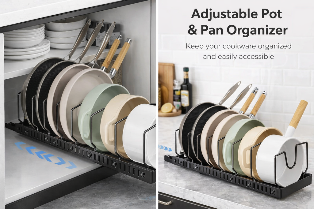 Expandable Under Cabinet Pots and Pans Organizer - Pull-Out Sliding Rack with 10 Adjustable Dividers for Kitchen Storage