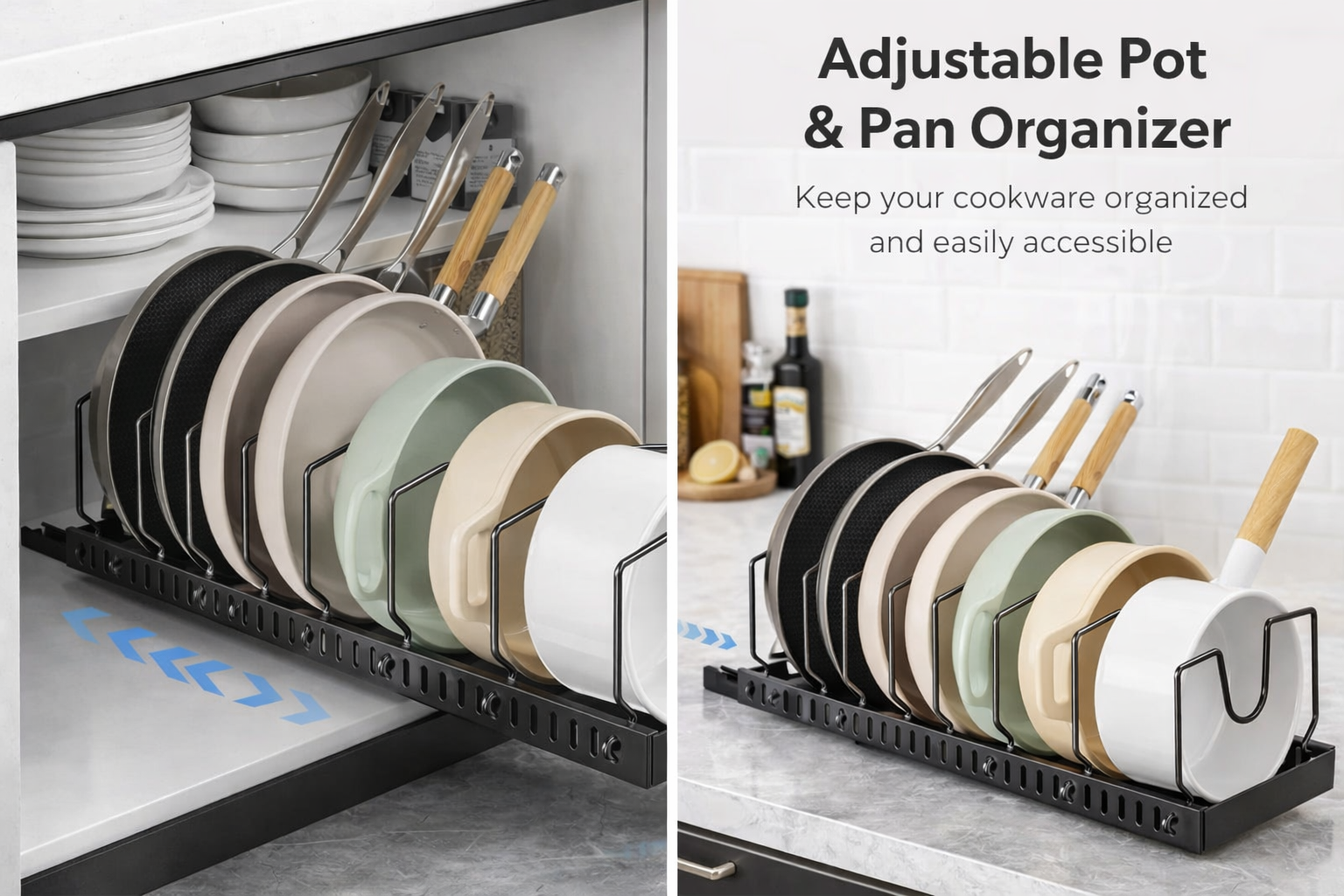 Expandable Under Cabinet Pots and Pans Organizer - Pull-Out Sliding Rack with 10 Adjustable Dividers for Kitchen Storage