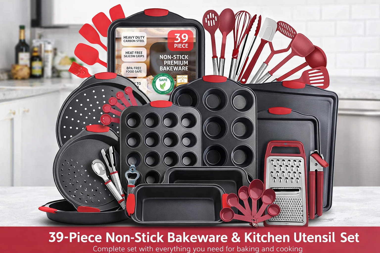 39-Piece Premium Baking Set - Nonstick Bakeware with Cookie Sheets, Muffin Pans & Kitchen Utensils
