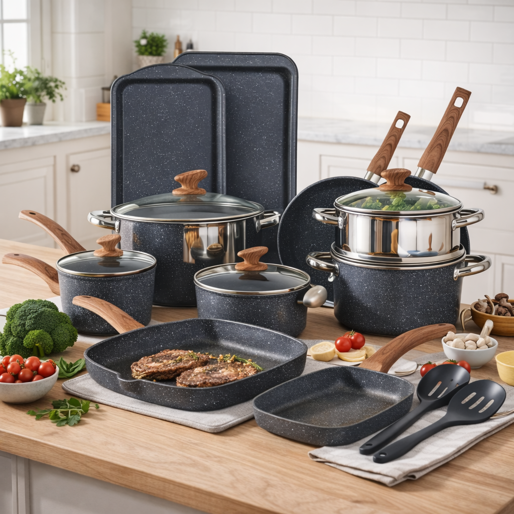 Cookware Set 17-Piece - Non-Stick Granite Pots & Pans