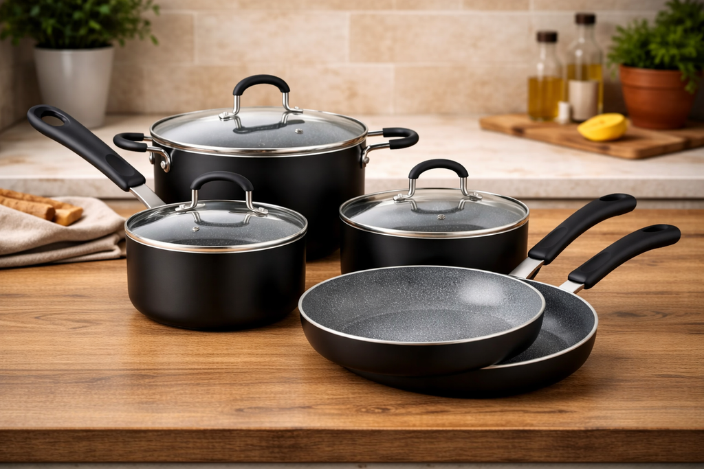 8-Piece Marble Nonstick Cookware Set - Heavy Gauge Pots & Pans with Glass Lids