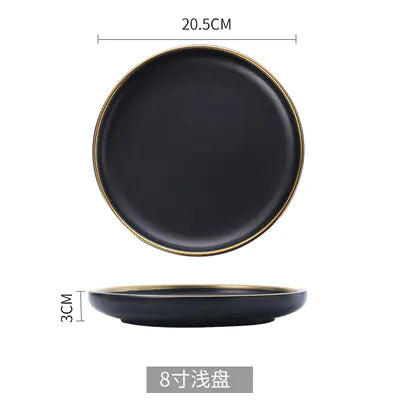 Black and White Round Ceramic Plate Set with Cutlery