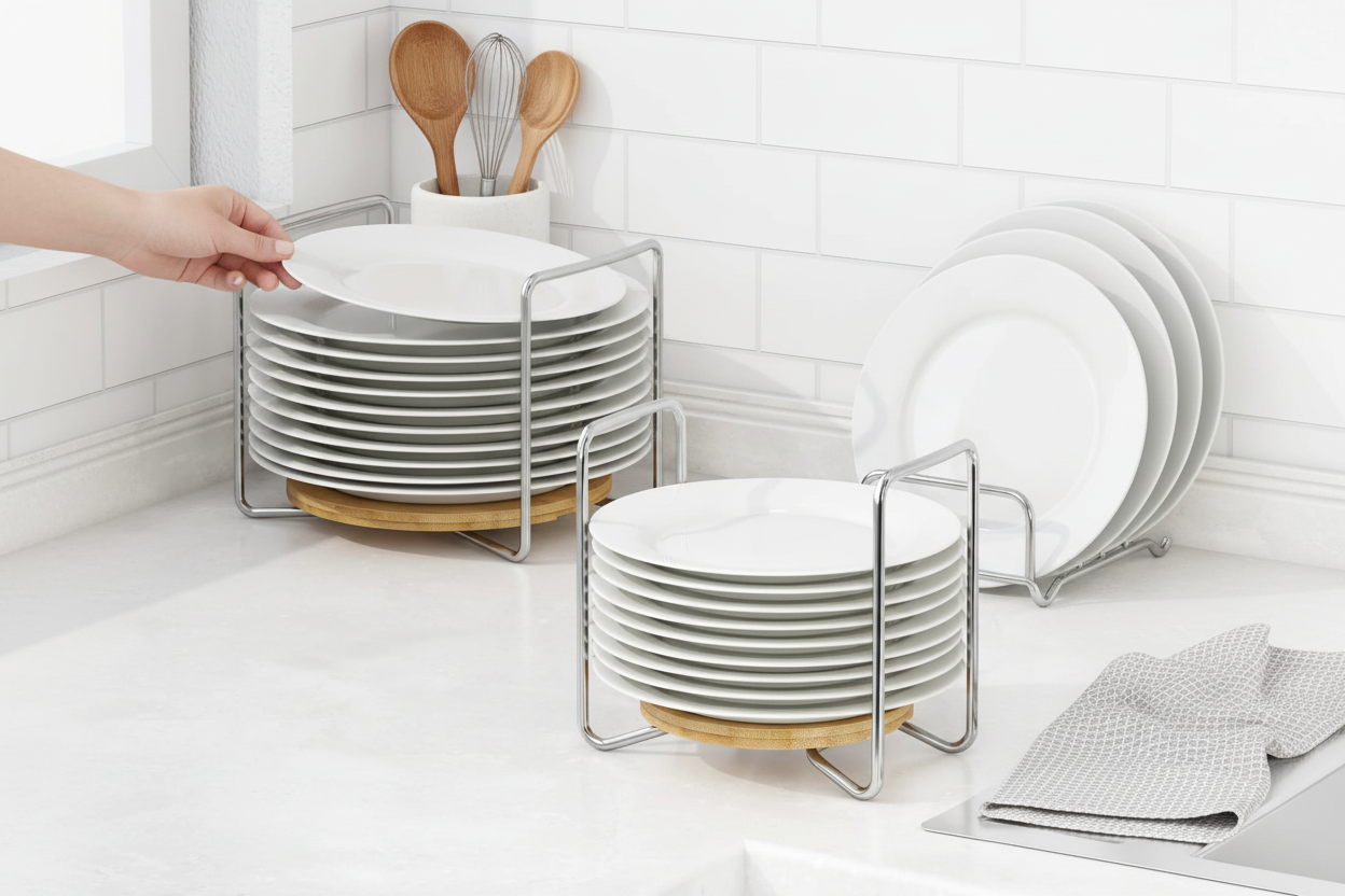 Bamboo and stainless steel plate holders on kitchen counter