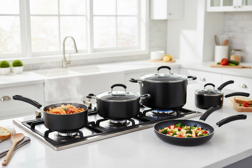 Black Cookware Set with Gray Interior