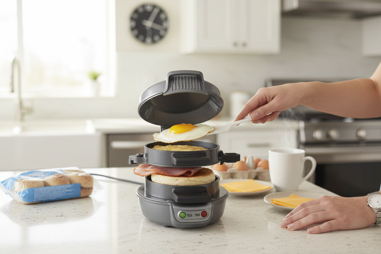 Breakfast sandwich maker with realistic product design in morning kitchen scene