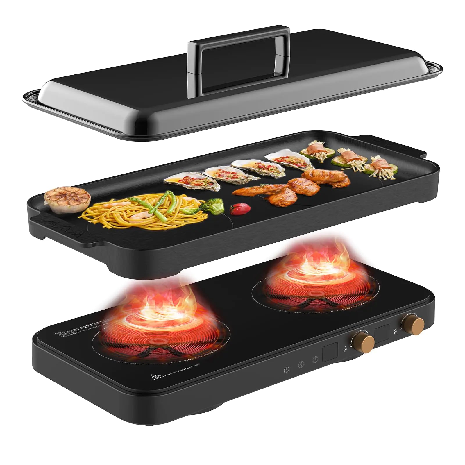 2-Burner Induction Cooktop with Removable Griddle Pan - Temperature Control & Timer for Kitchen and Outdoor BBQ