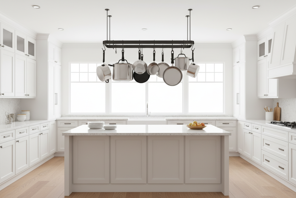 Ceiling Pot Rack with Stainless Steel Cookware