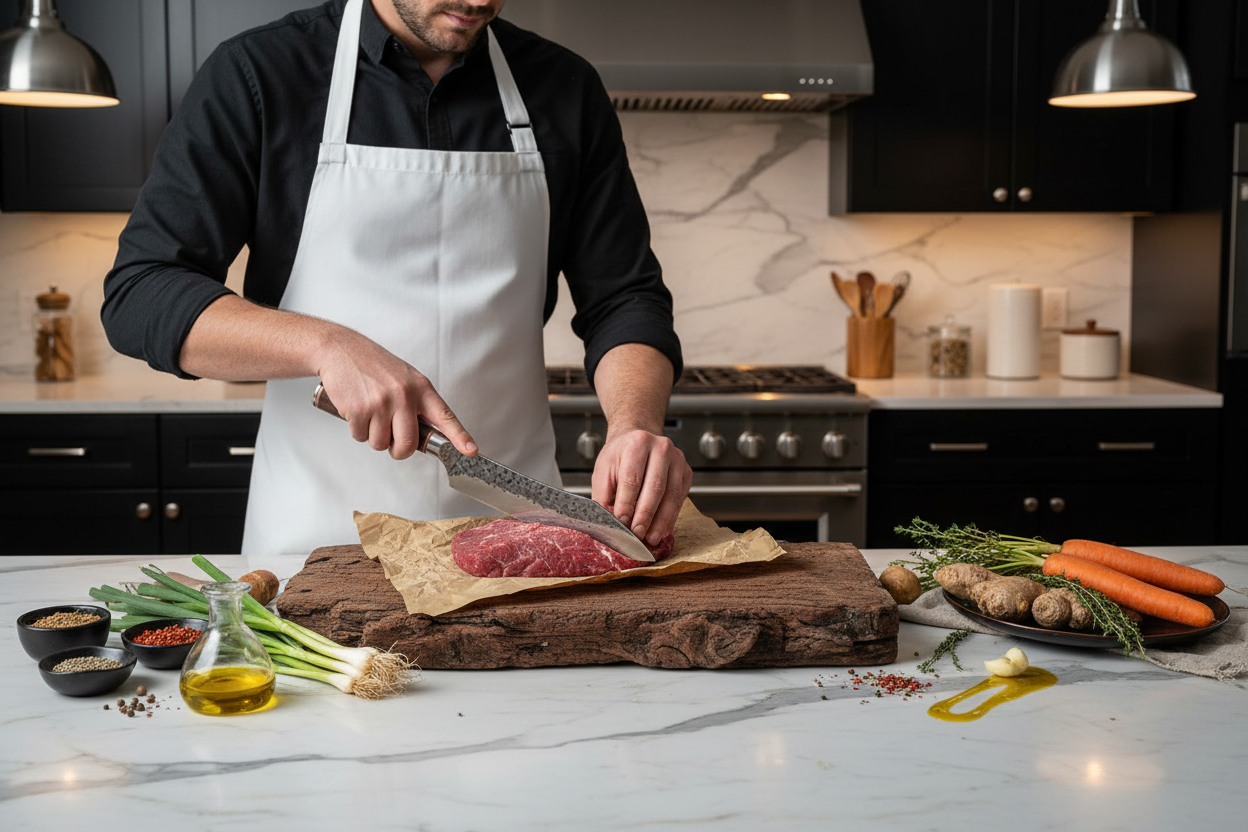 Chef cooking with knife set