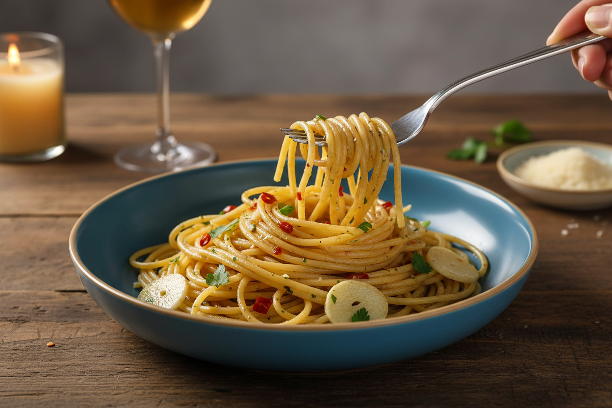Close-up of marina blue bowl with spaghetti
