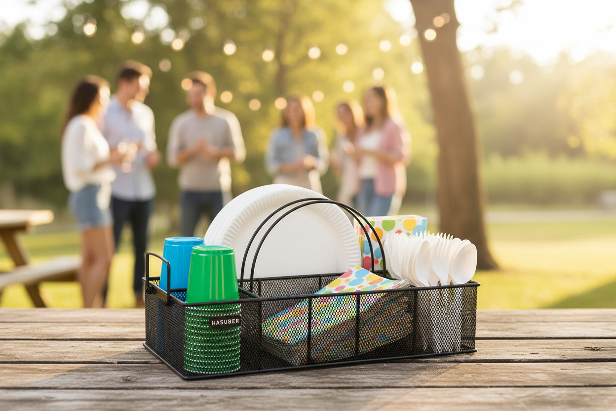 Close-up of organized party caddy on picnic table