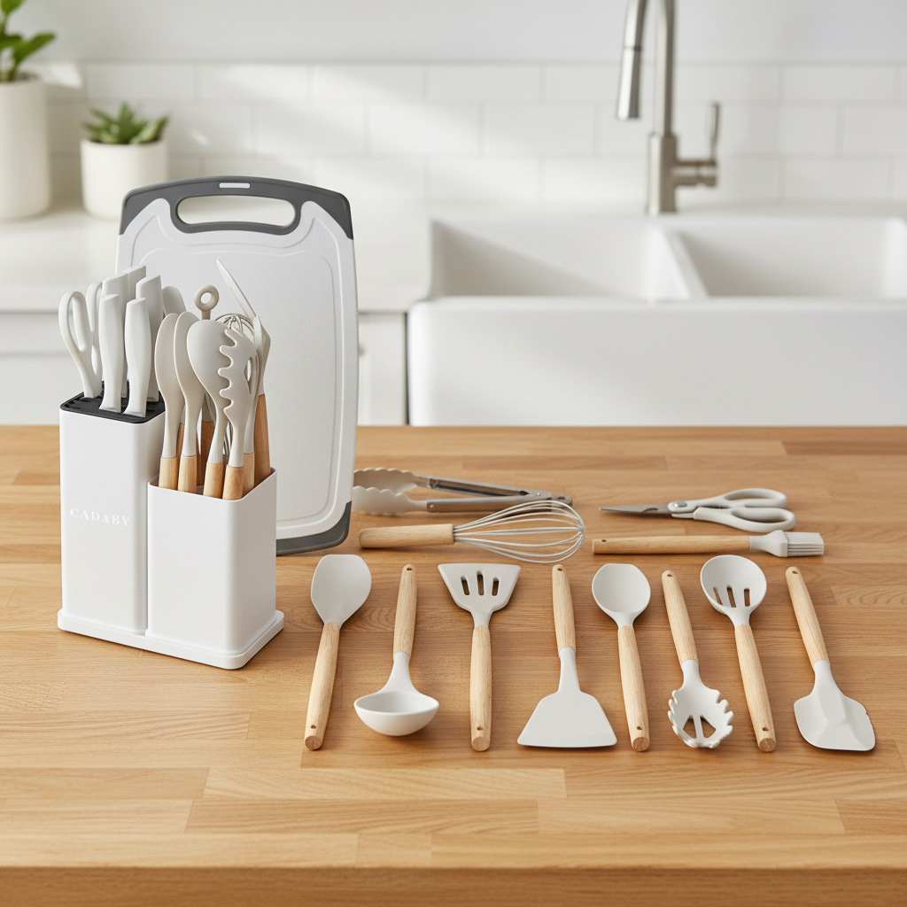 Complete set on wood counter