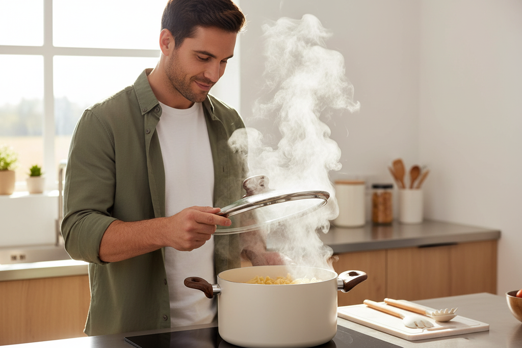Cooking pasta with glass lid