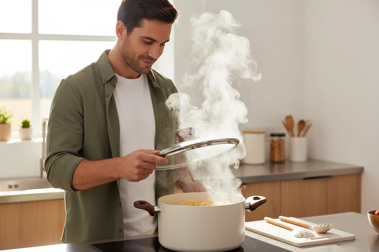 Cooking pasta with glass lid