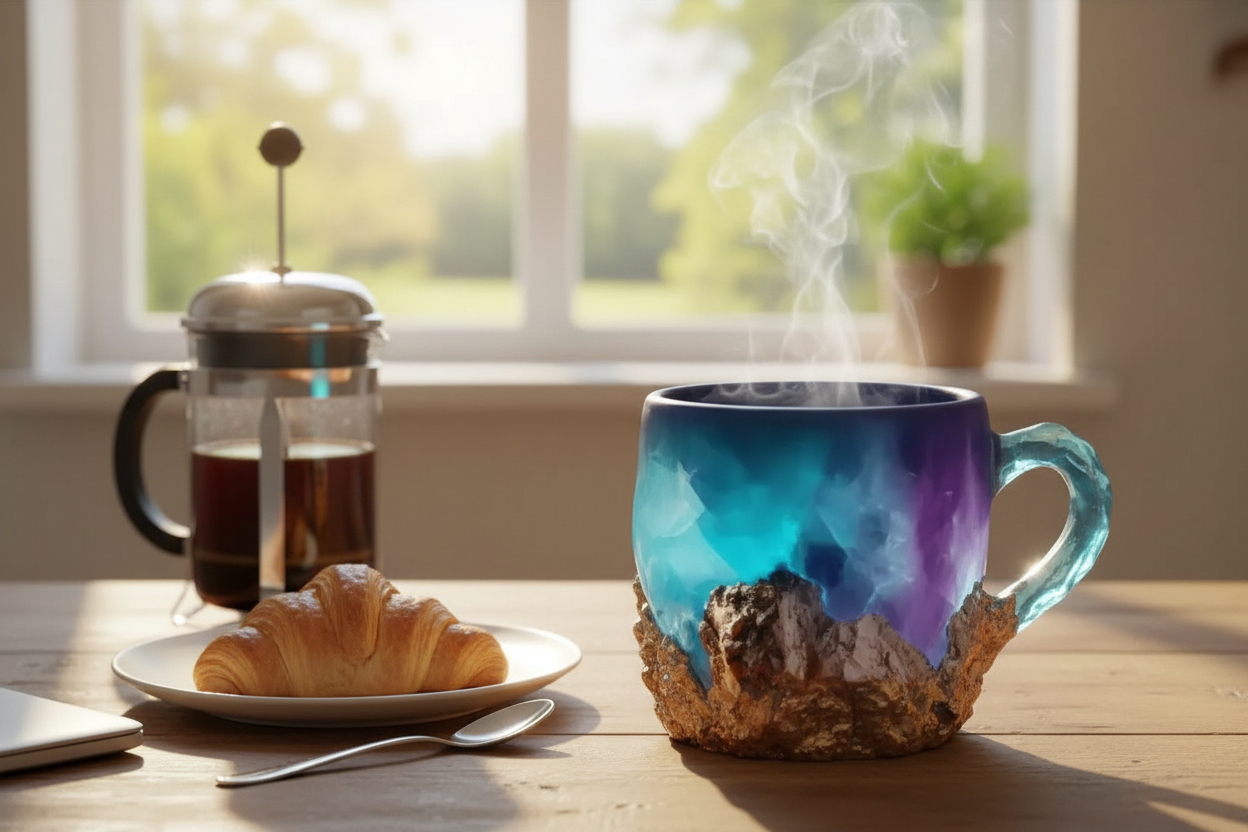 Corrected mineral crystal coffee mug in morning kitchen scene