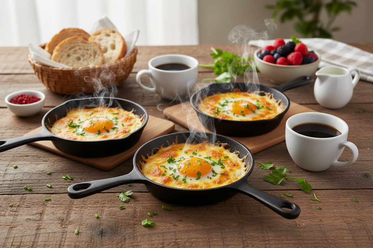 Cozy brunch scene with mini cast iron skillets