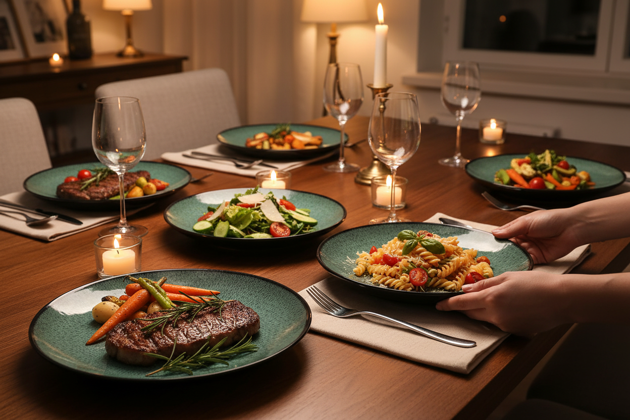Creative ceramic steak plates set on elegant dining table