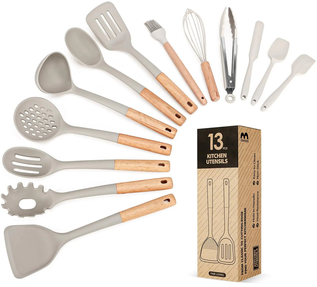 13-Piece Silicone Kitchen Utensil Set with Wooden Handles - Heat Resistant Cooking Tools