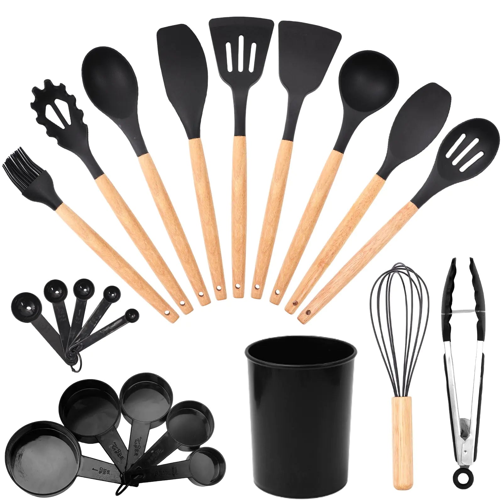 Silicone Cooking Utensils Set 22 PCS Kitchen Utensils Set 446℉ Heat Resistant Non-Stick Silicone Cooking Kitchen Utensils with Wooden Handles