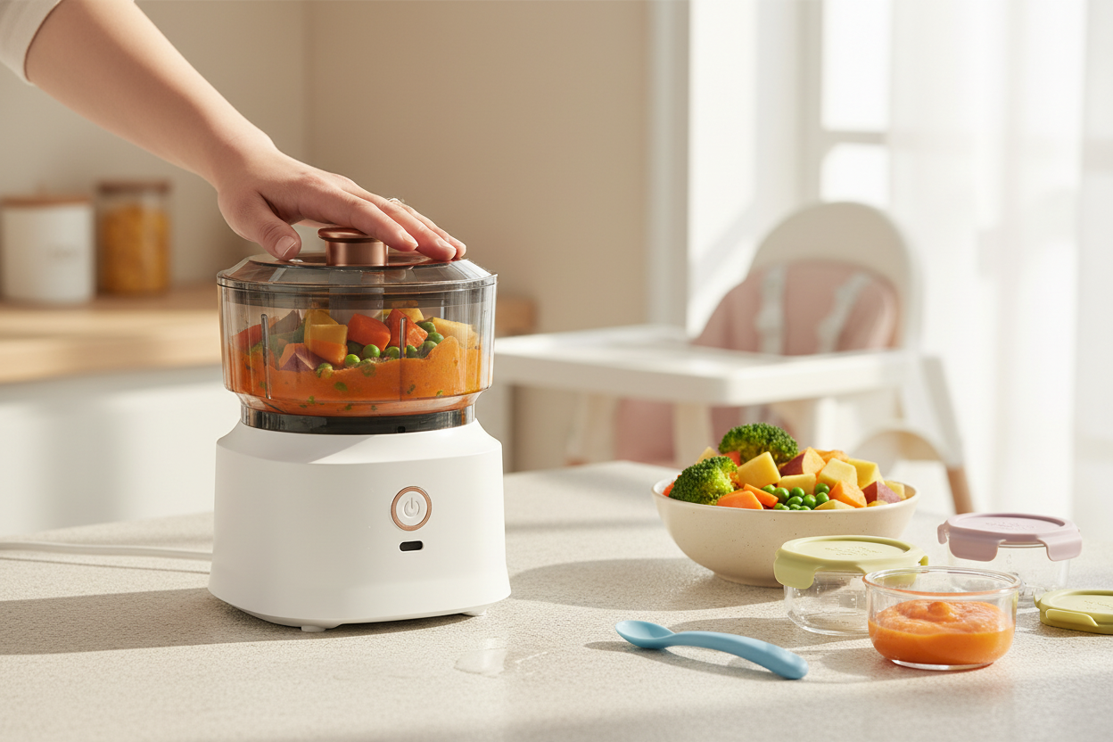 Electric baby food mixer in realistic kitchen scene