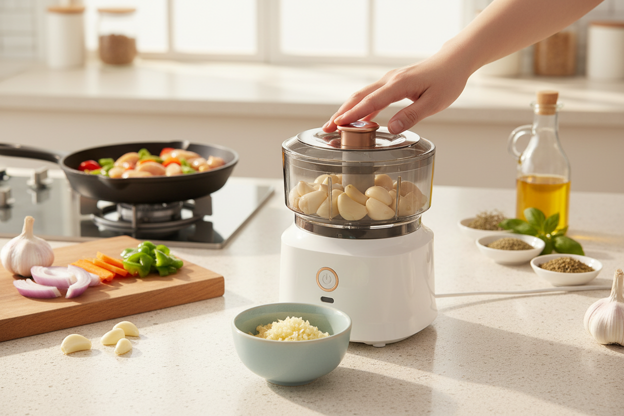 Electric garlic press in realistic kitchen scene