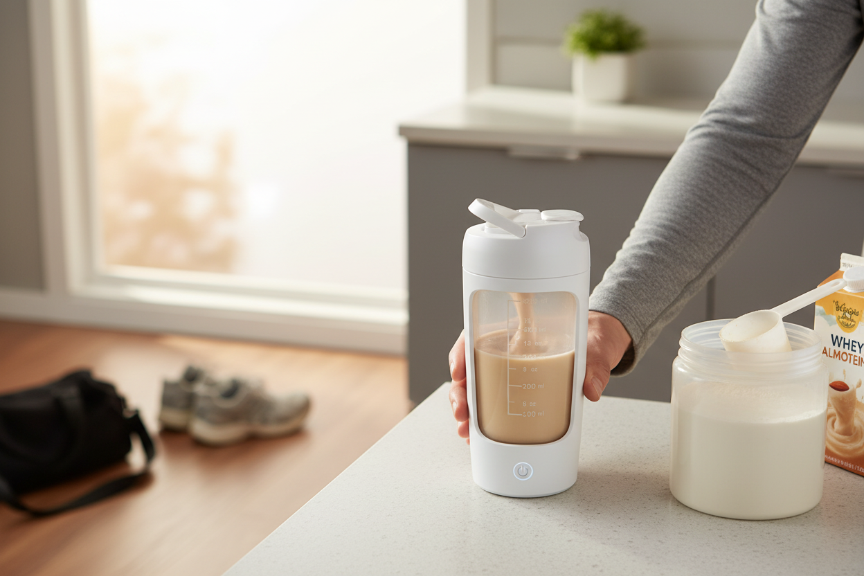 Electric protein shaker bottle in realistic morning kitchen scene