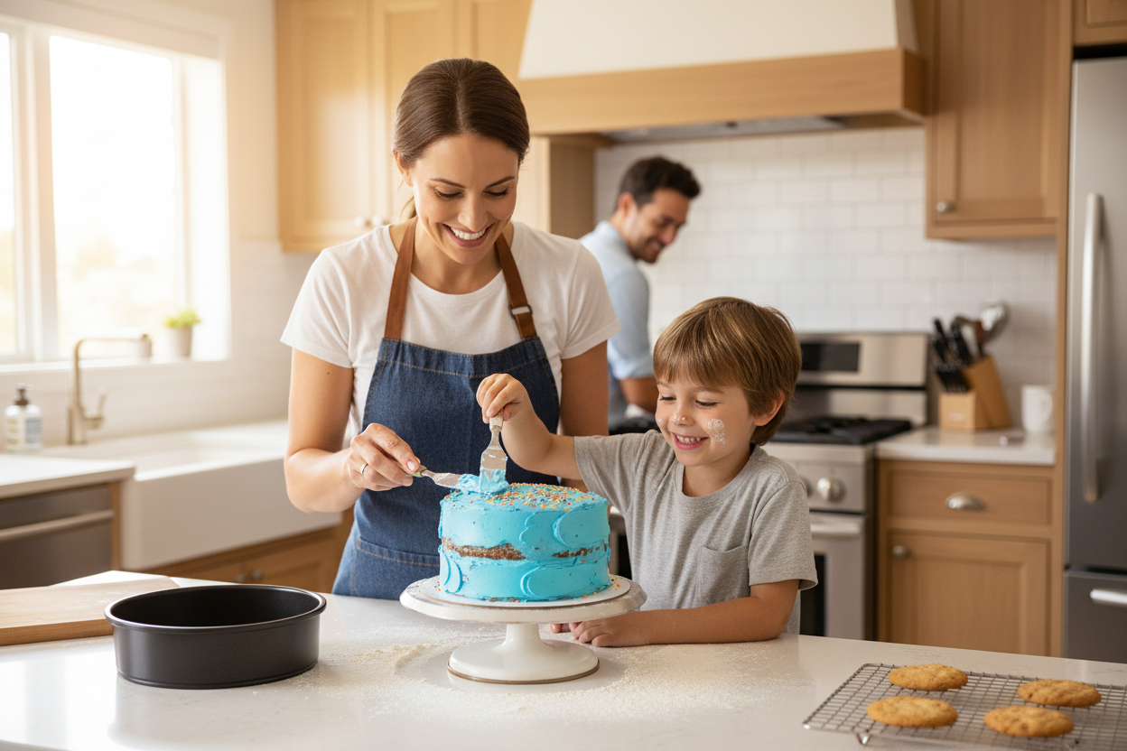Family baking cake together