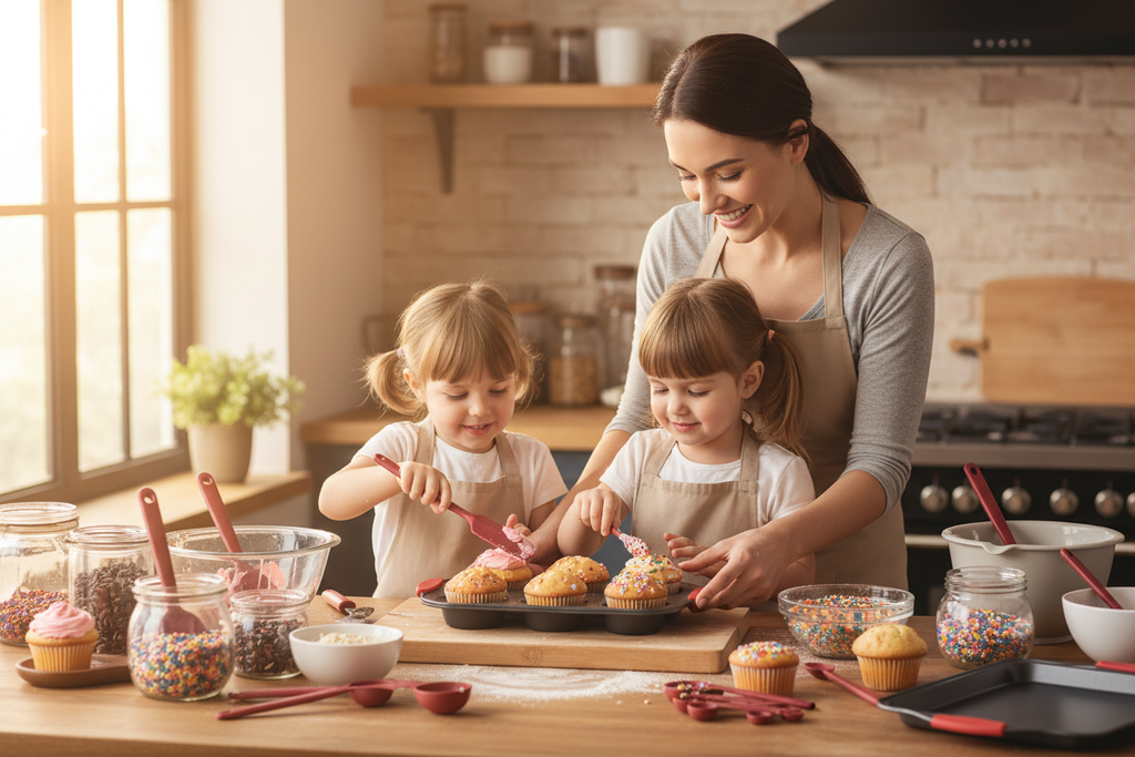 Family decorating cupcakes