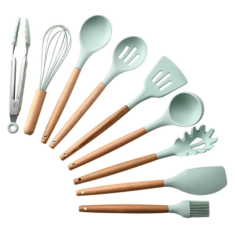 9-Piece Silicone Kitchen Utensil Set with Wooden Handles & Holder