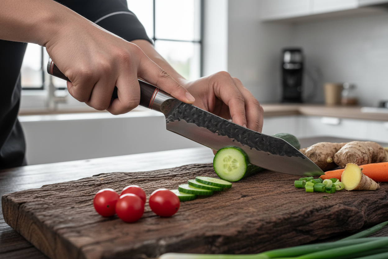 Hands using knife to slice vegetables