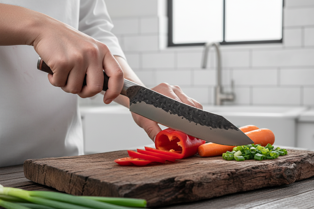 Hands using knife to slice vegetables