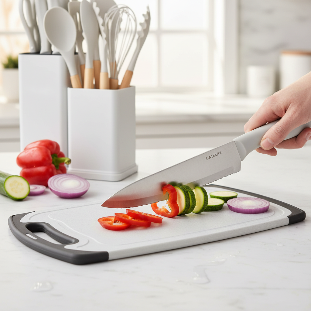 CADABY Pro kitchen knife set in use - chef knife slicing fresh vegetables on cutting board with knife block in background