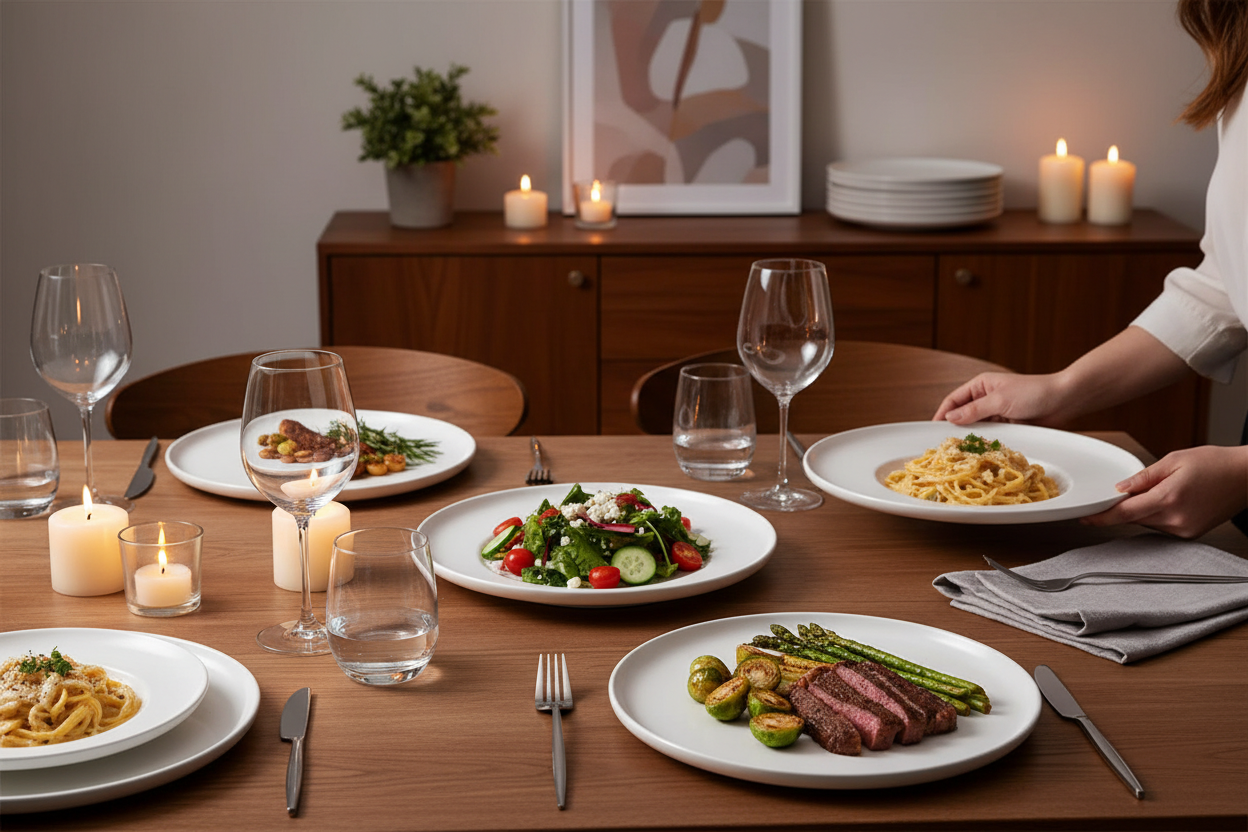 Large white dinner plates set on elegant dining table