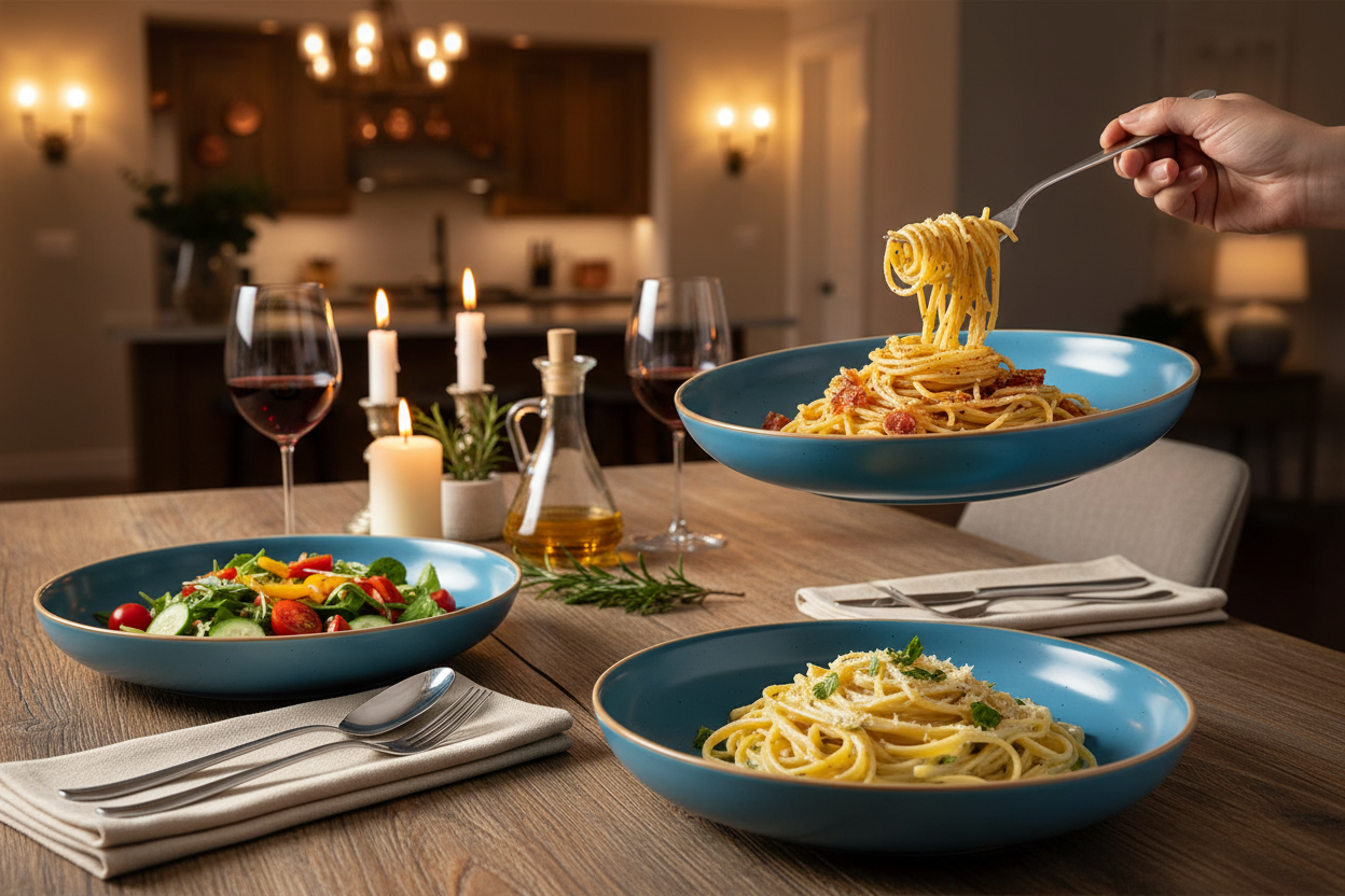 Marina blue ceramic pasta bowls with Italian dinner on elegant table