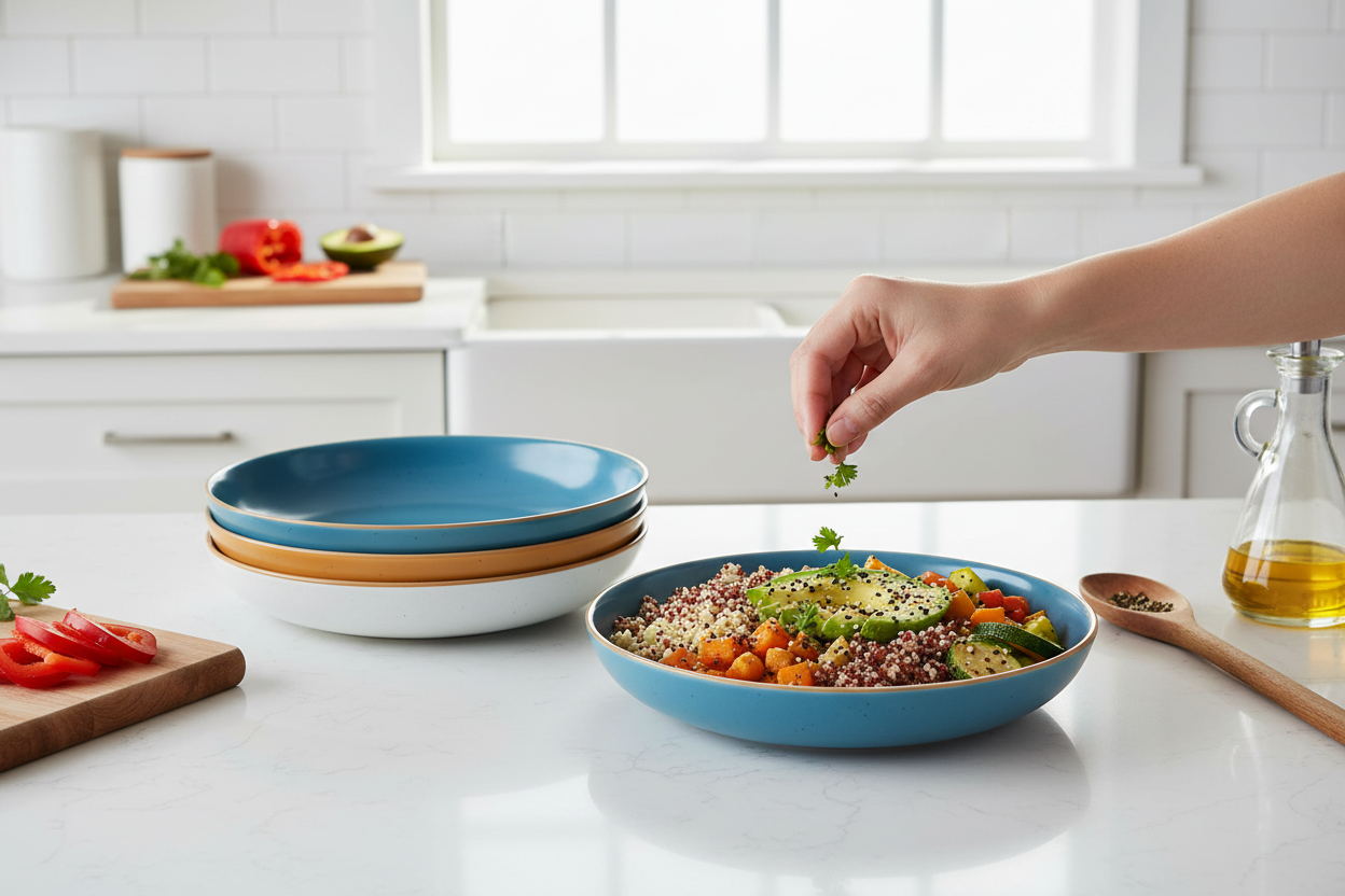 Marina blue pasta bowls with grain bowl on kitchen counter