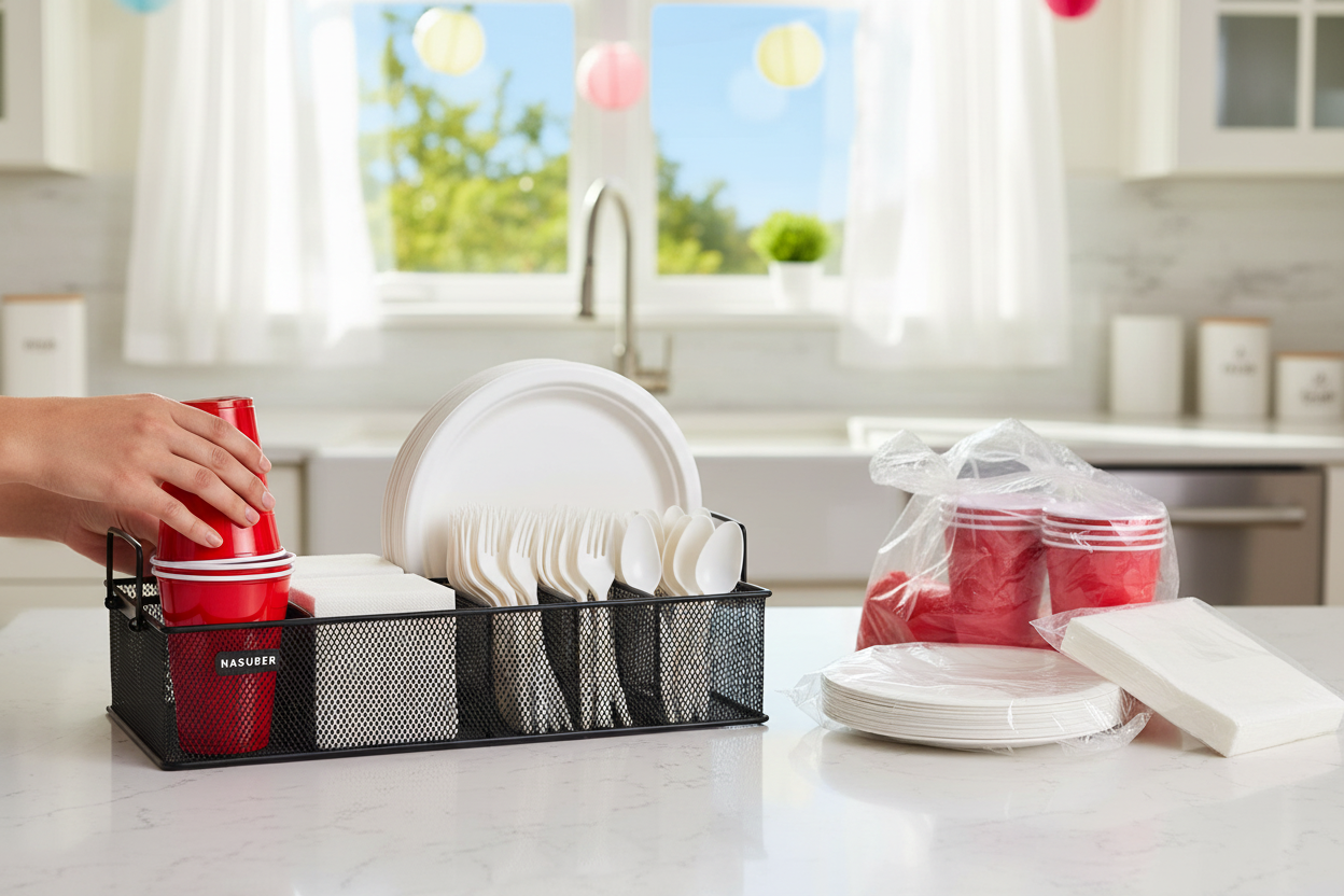 Metal party caddy being organized in kitchen