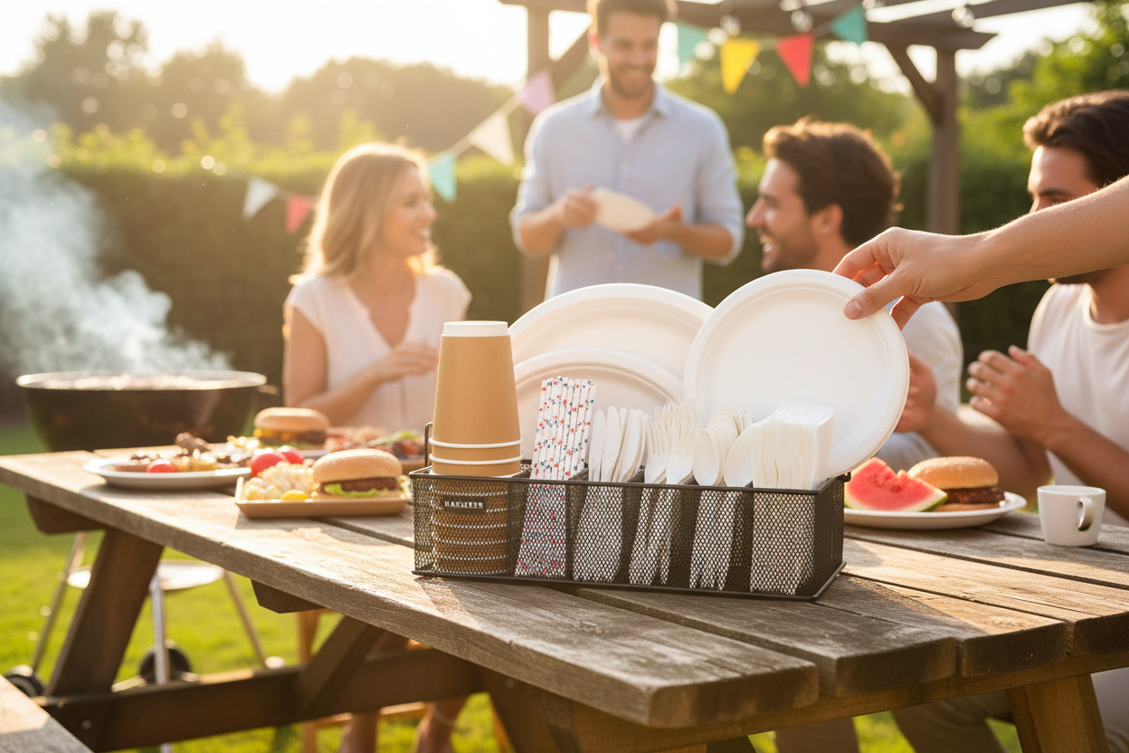 Metal party caddy organizer in realistic outdoor party scene