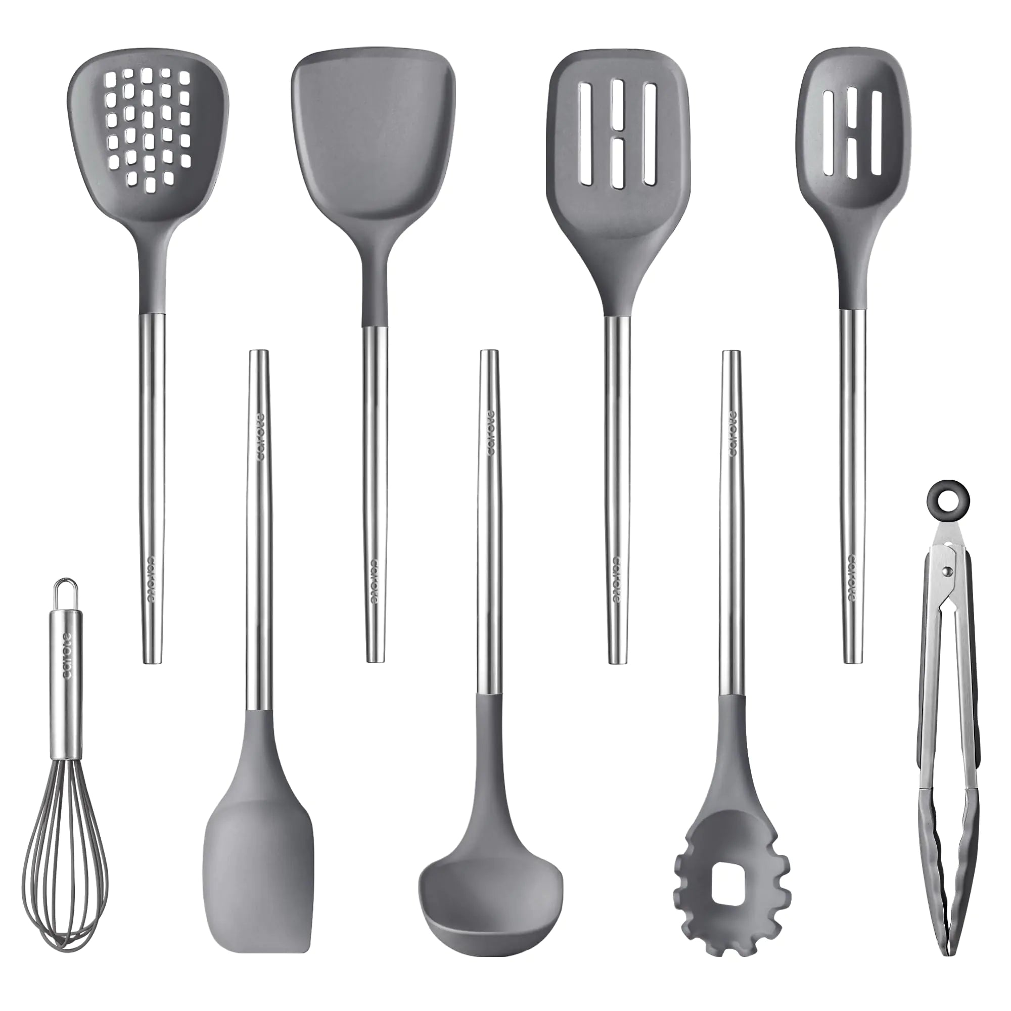 CAROTE 9PCS Kitchen Utensils Set Silicone Kitchen Utensils Set with Stainless Steel Handle for Non-Stick Cookware Set Dishwasher Safe Grey