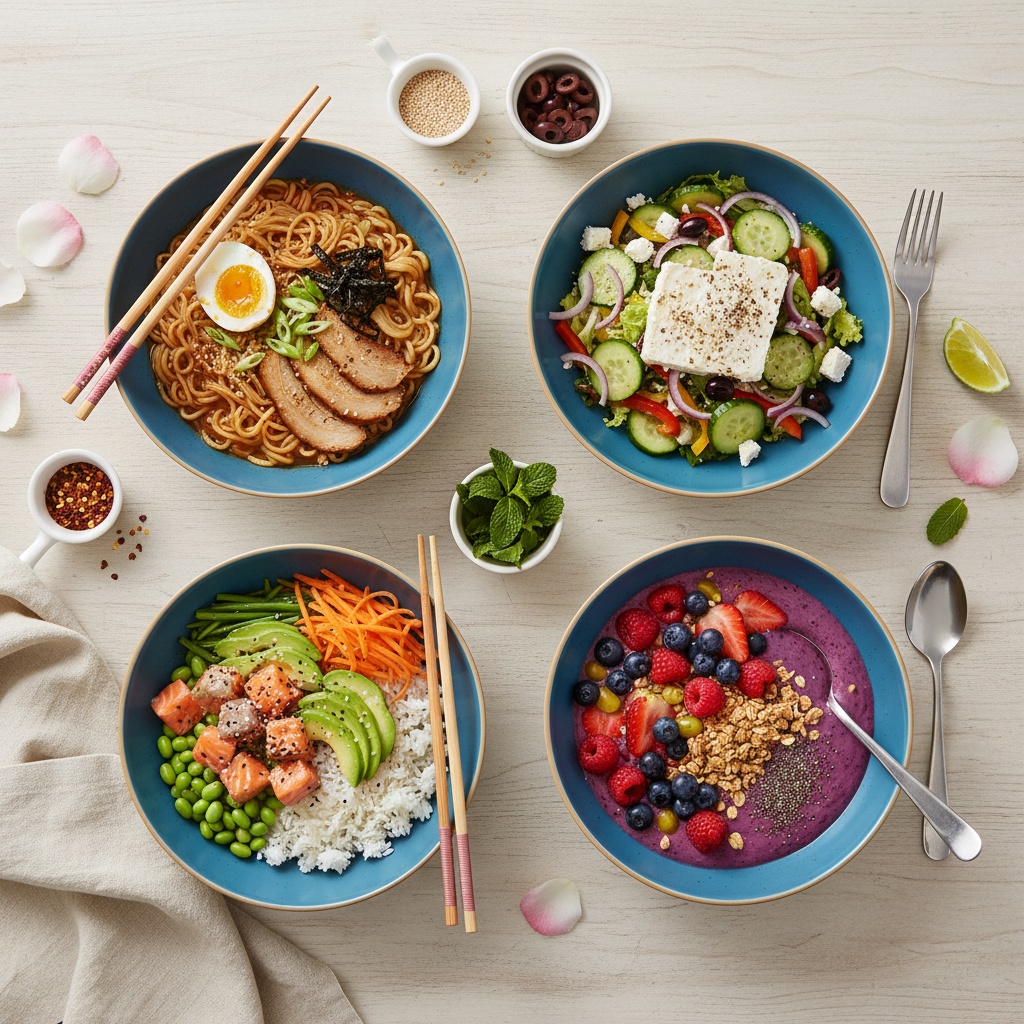 Overhead view of four marina blue bowls with different dishes