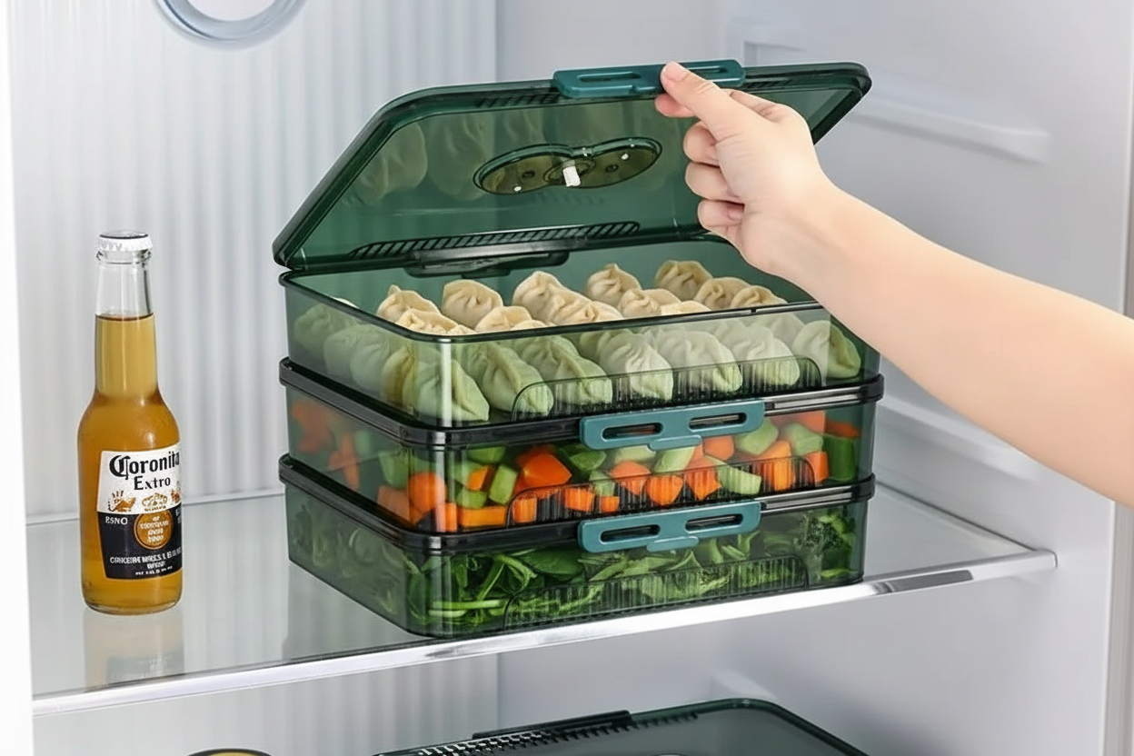 Stackable refrigerator storage containers in realistic kitchen scene