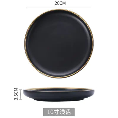 Black and White Round Ceramic Plate Set with Cutlery