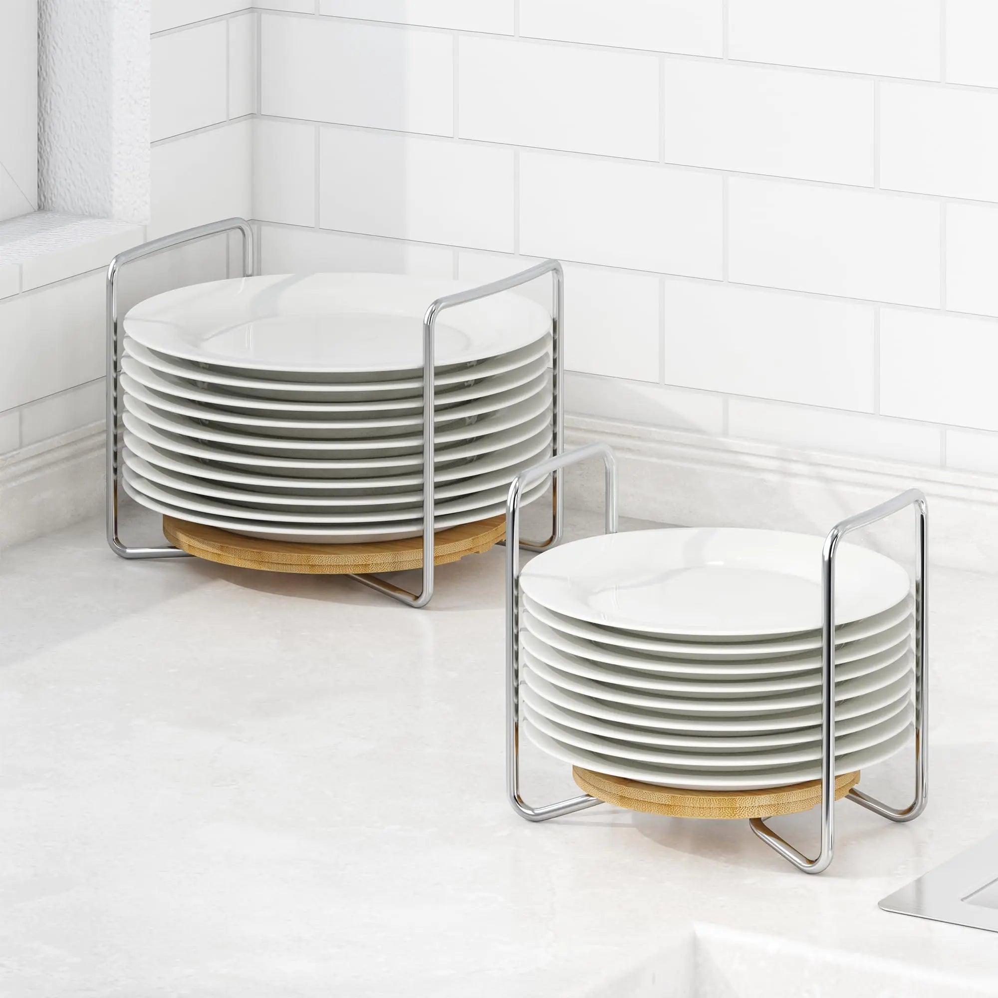 Bamboo Plate Organizer - Adjustable 2-Pack